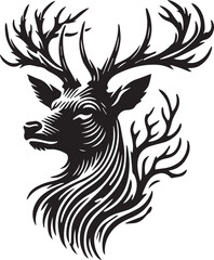 Obraz premium A deer head with detailed antler branching silhouette vector black