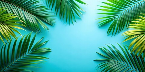 Fototapeta premium Vibrant Green Palm Fronds Arranged on a Bright Aqua Background, Creating a Summery and Tropical Design