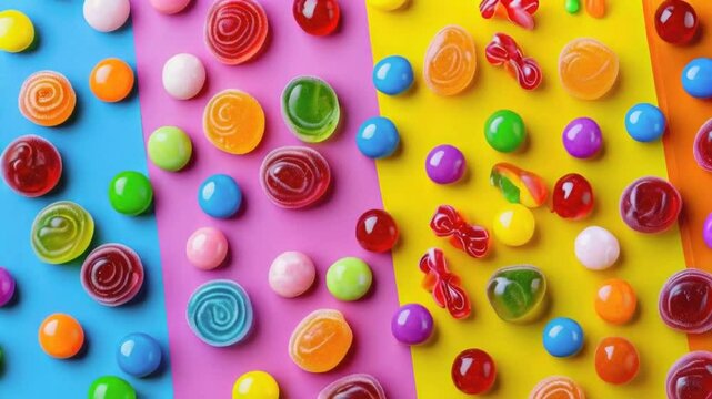 Colorful candy assortment on rainbow background.