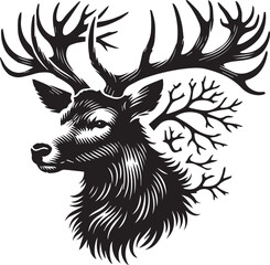 Obraz premium A deer head with detailed antler branching silhouette vector black