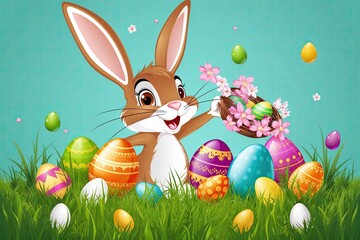 Vibrant Rabbit Artwork Featuring Joyful Easter Bunny and Colorful Eggs for Spring Festivities