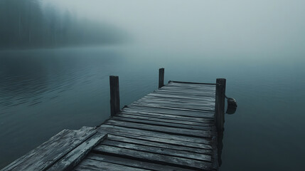 Fototapeta premium A serene wooden dock extends into a foggy lake, evoking tranquility and solitude.