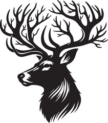 Obraz premium A deer head with detailed antler branching silhouette vector black