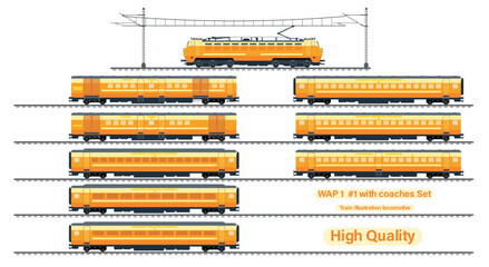 illustration of a set of a train, train asset collection with coach set, locomotive with passenger coach collection 