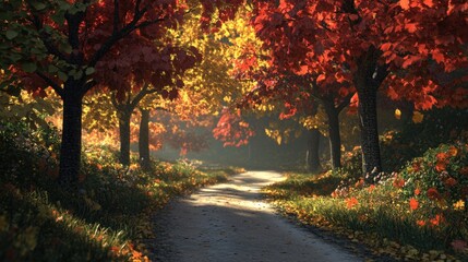 Naklejka premium Autumnal Path: A Serene Walk Through Vibrant Fall Foliage and Golden Sunlight