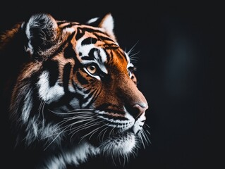 Fototapeta premium Profile of a Bengal tiger in dark lighting, showcasing its orange eyes and detailed fur