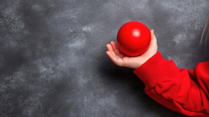 Child holds bright red ball in front of dark gray textured background
