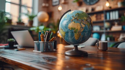 Globe on wooden desk in home office.