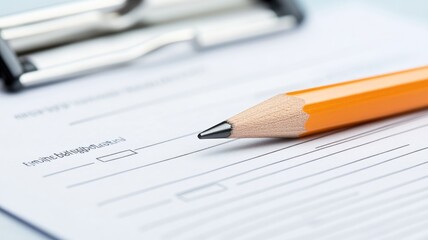 Orange pencil on top of partially filled form with clipboard