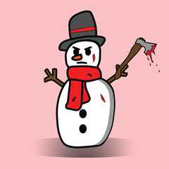A vector illustration of an angry snowman wearing a scarf and hat, holding a bloody axe. This flat design is isolated on a pink background, offering a unique and intriguing vibe