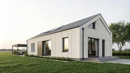 Fototapeta premium Modern house with sleek design and large windows, surrounded by greenery