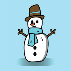 A cute snowman vector illustration with a scarf and hat, isolated on a light blue background. This flat design is cheerful and perfect for winter themes and holiday decorations