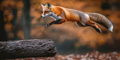 Obraz premium Red Fox Leaping over Log in Autumn Forest Wildlife Photography