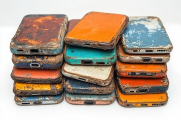 Worn Smartphone Covers Stacked on a Clean Background