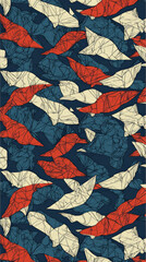 Serene origami pattern red blue white fabric design floral