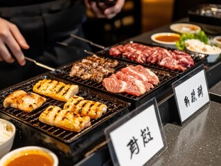 Naklejka premium Interactive yakiniku dining table setup with grilled meats and dipping sauces cozy restaurant environment close-up view