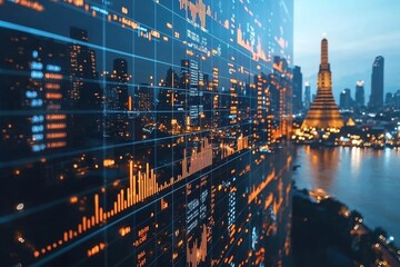 Holographic market projections illuminating urban skyline financial analysis cityscape nighttime futuristic concept