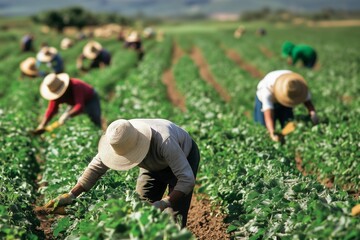 A group of Hispanic immigrants pick crops in the fields during harvest season