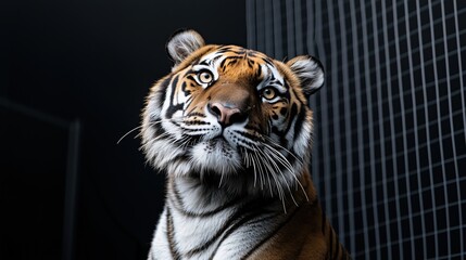 Portrait of a Bengal tiger in captivity with curious expression