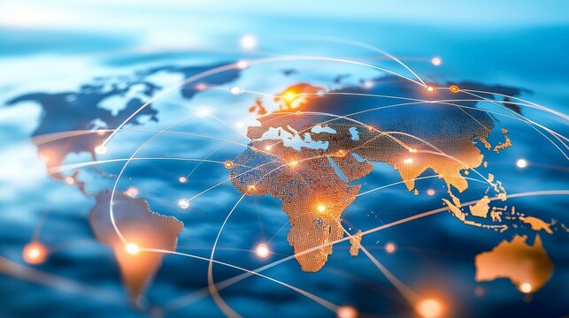 fiber optic connectivity concept. Global network connections over a digital world map illustration.