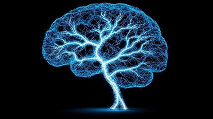 fiber optic connectivity concept. Neon blue brain illustration with intricate neural pathways on a black background.