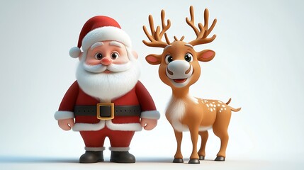 Cartoon Santa Claus and Rudolf the reindeer stand together on white background. Friendly characters. Perfect for Christmas themes. Cute and engaging design.