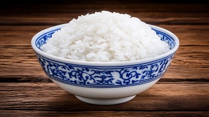 A clean white-style image of A bowl of steaming rice with symbolic designs on top. 