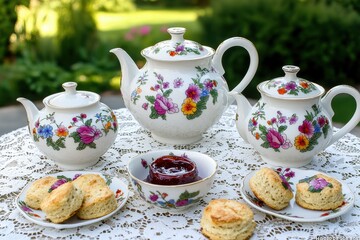 Fototapeta premium Elegant tea set display garden setting still life natural surroundings close-up timeless elegance visuals