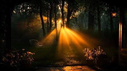 Obraz premium Sun rays bursting through forest at sunrise, seen from a porch.