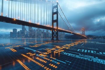 Fototapeta premium Secure blockchain ecosystems with glowing market graphs san francisco financial analysis evening skyline digital finance trends