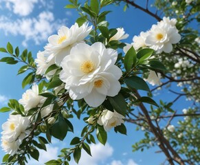 Fototapeta premium Lovely white camellia flowers on tree branches with blue sky backdrop, floral, serenity