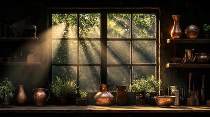Sunbeams illuminate a rustic workshop with copper pots and herbs.