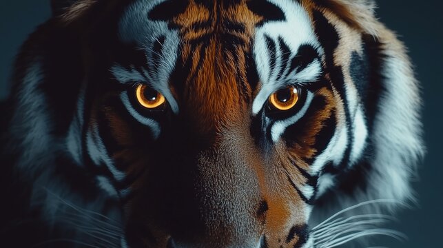 Extreme close-up of a Bengal tiger's glowing eyes and detailed facial fur