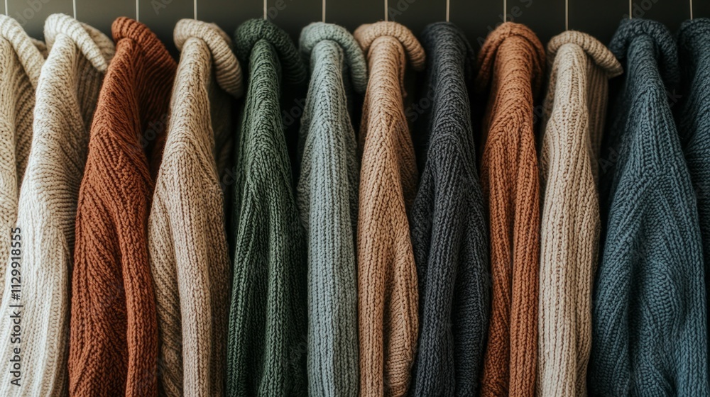 Poster colorful sweaters in various shades hang in a stylish line, creating a warm atmosphere. this minimal