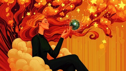 Empowering woman surreal art dreamy environment conceptual imagery orange background artistic viewpoint fantasy theme