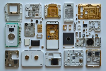 Phone Parts Arranged in Natural Light on White Backdrop