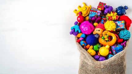 Colorful toys overflowing from burlap sack on white background.