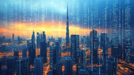 Holographic financial data visualization across dubai skyline urban landscape digital art futuristic environment aerial view