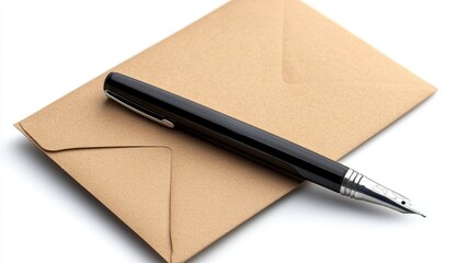 Black fountain pen resting on brown envelope white background