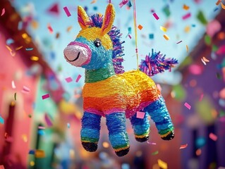 Colorful funny donkey pinata hanging against blurry background with falling confetti. Hispanic decoration for Las Posadas