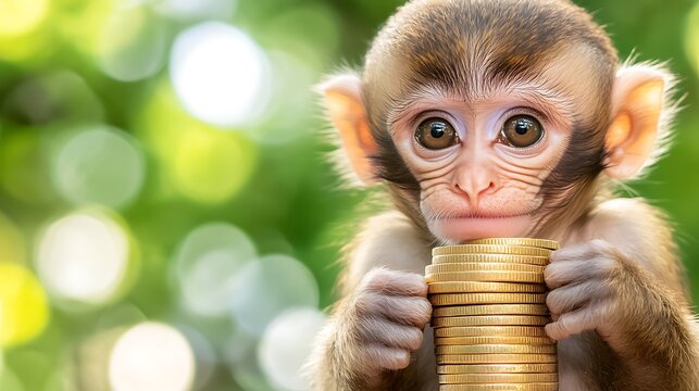A clean white-style image of A playful monkey holding a stack of gold coins. 