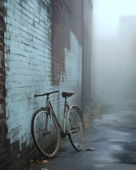 A vintage bicycle leans against a weathered brick wall in a foggy alley.