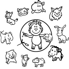 A clean white-style image of A traditional Chinese zodiac wheel with animals in line art. 