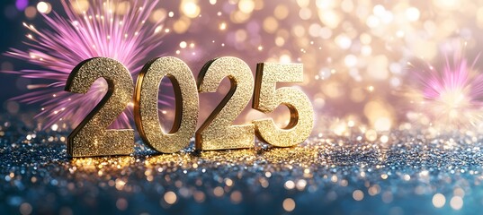 2025 New Year Celebration - Golden Numbers And Fireworks At Eve Night With Abstract Defocused Bokeh Lights,


