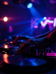 A DJ mixing at a party with a lively crowd of people in the background, symbolizing energy, music,...