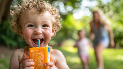 Happy toddler enjoying juice box in sunny garden with family
