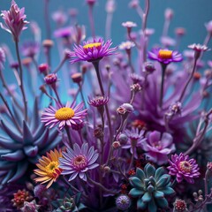 Obraz premium Ai generated dried flowers and succulents in neon, purple and blue for a futuristic aesthetic.