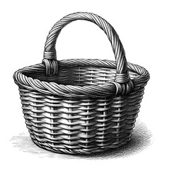Obraz premium A woven wicker basket with a handle, line sketch engraving, white background.