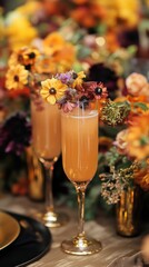 Elegant cocktails adorned with flowers, set against a vibrant floral backdrop.
