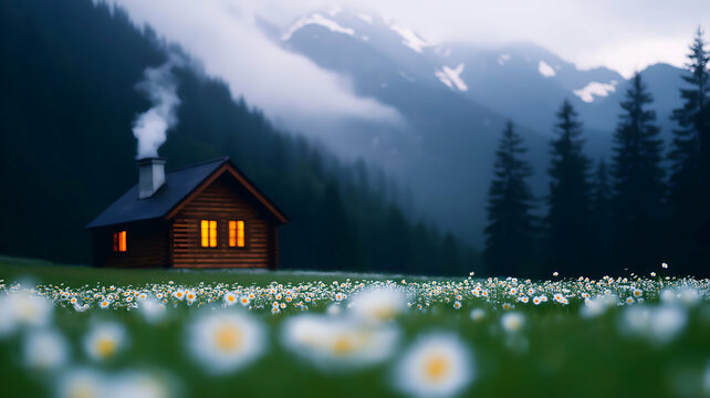 Rustic cabin with glowing windows surrounded by daisy-filled meadows, nestled in misty mountain forests for a serene escape to nature - Powered by Adobe